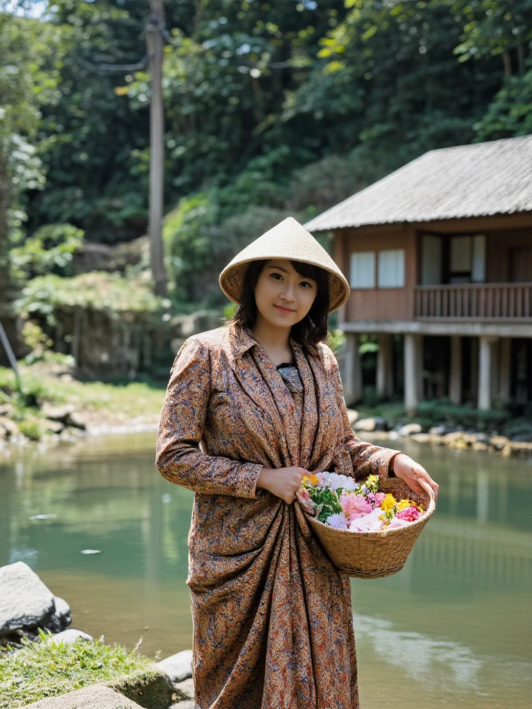 The image shows a person wearing a traditional dress, holding a basket of colorful flowers near a serene body of water with a rustic building in the background.