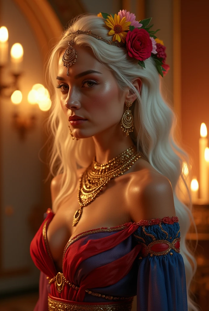 "((Mesopotamian woman, Lisa)), an embodiment of rare beauty, exhaustion, and power, stands in a lavish, candlelit space. Her long, flowing white hair, adorned with vibrant flowers and golden accessories, cascades around her shoulders, adding to her divine allure. The sheer fabrics drape gracefully around her sculpted body, revealing her curves and sensuality, while glistening with beads of sweat that accentuate her skin’s radiant glow. Her outfit, a mixture of deep crimson, royal blue, and gold, mirrors her high status, yet the fabric clings tightly to her as if drenched in effort.

Her skin, glowing and dewy with sweat, highlights her sensuality. Her face, marked by exhaustion, has a subtle tiredness that adds to her allure—her deep eyes half-lidded in a moment of sensual surrender. The intricate golden jewelry she wears, including large earrings and layered necklaces, catches the soft light of the room, making her look even more enchanting. The entire scene captures Lisa’s grace, power, and undeniable allure, in a celebration of both her beauty and her exhaustion.

((High definition: 1.5)) ((Masterpiece: 1.5)) ((8k: 1.5)) ((Best quality: 1.4))"