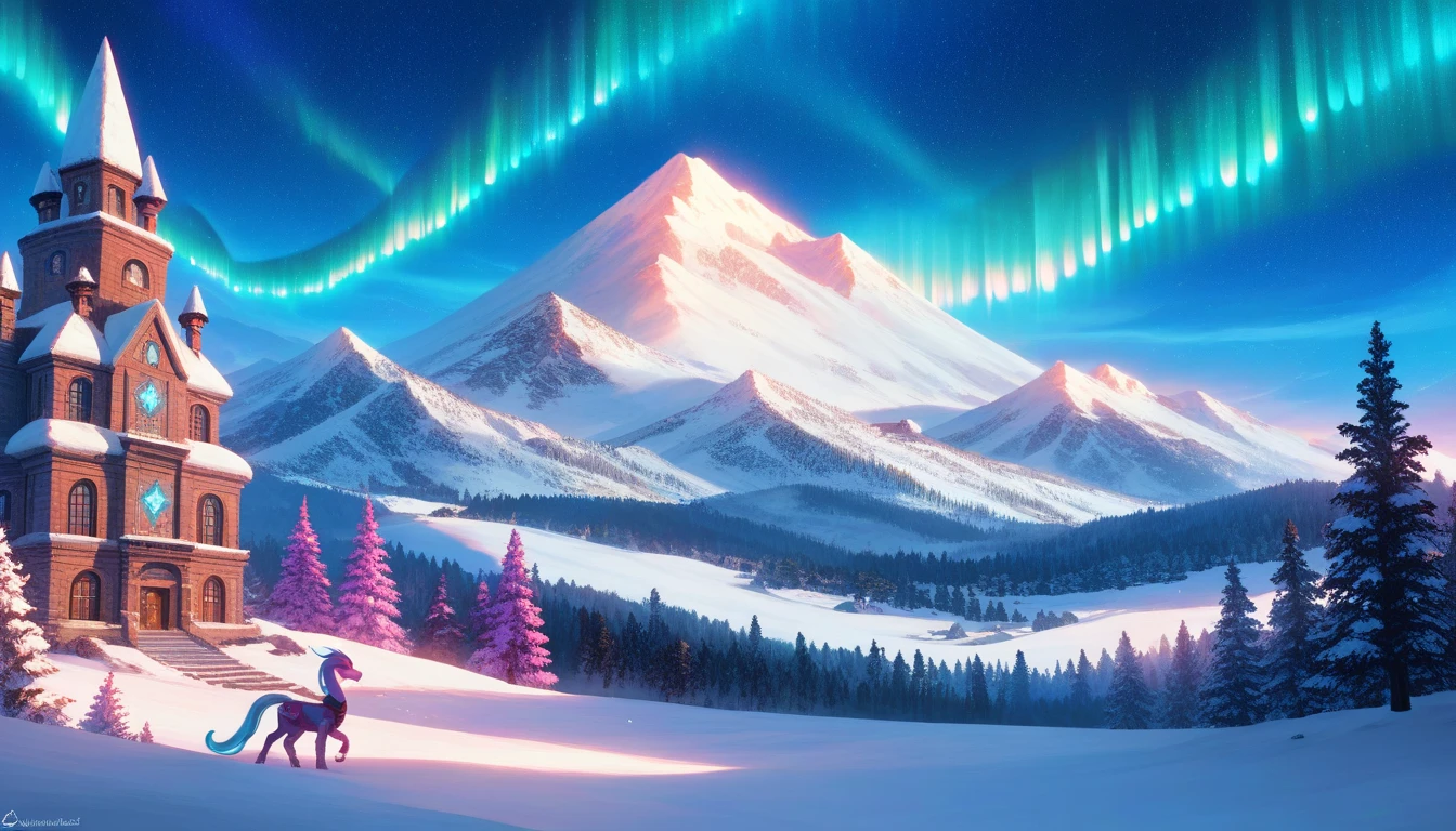 An isolated, mystical kingdom hidden beyond an immense chain of towering, snow-covered mountains in the far north. The kingdom lies under a sky illuminated only by vibrant, shimmering northern lights, the aurora borealis, as the mountains block all sunlight. The scene includes a developed and thriving city built into the base of the mountains, with glowing lights from mushroom farms in cavernous tunnels and cultivated subterranean plants. Large animals graze in snowy pastures near the city, and a majestic palace with a vast, flat landing area for a dragon sits prominently. A vast frozen river connects the city to the icy sea in the distance, adding to the ethereal beauty of the snowy, otherworldly landscape. Two UH-1J Huey landing next to there