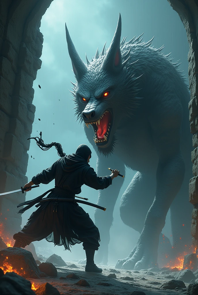 Wolf God, surreal, tense, cold, highly detailed, sharp, professional, 8k UHD, movie, dark, violent, outdoor, river, battle, chase, dramatic, vivid, tense atmosphere, rendering, epic, twilight, HDR, album cover, blizzard, lightning, disaster