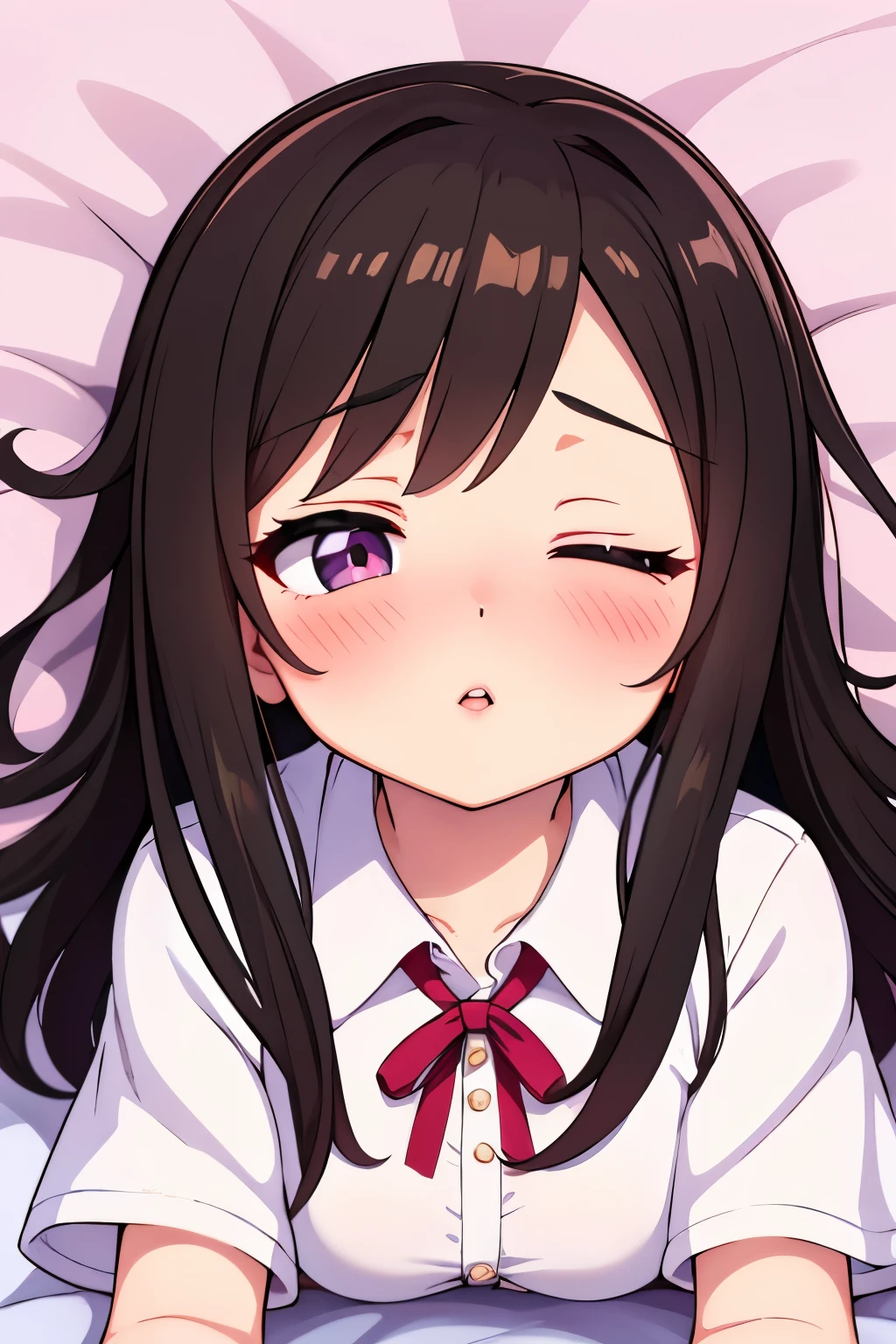 Anime girl with long black hair and a white shirt and red tie - SeaArt AI