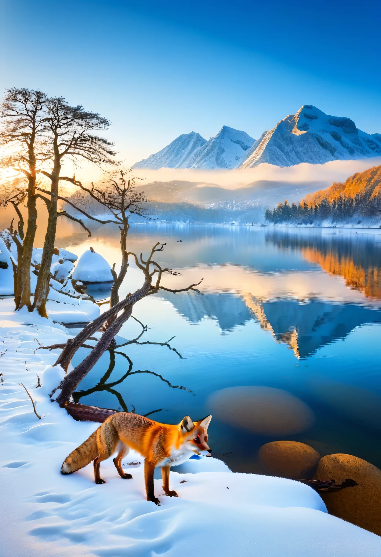 Tranquil Lake, spectacular view, winter landscape, fox, masterpiece, best quality, ultra-high resolution.