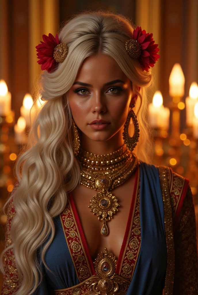 "((Mesopotamian woman, Lisa)), an embodiment of rare beauty, exhaustion, and power, stands in a lavish, candlelit space. Her long, flowing white hair, adorned with vibrant flowers and golden accessories, cascades around her shoulders, adding to her divine allure. The sheer fabrics drape gracefully around her sculpted body, revealing her curves and sensuality, while glistening with beads of sweat that accentuate her skin’s radiant glow. Her outfit, a mixture of deep crimson, royal blue, and gold, mirrors her high status, yet the fabric clings tightly to her as if drenched in effort.

Her skin, glowing and dewy with sweat, highlights her sensuality. Her face, marked by exhaustion, has a subtle tiredness that adds to her allure—her deep eyes half-lidded in a moment of sensual surrender. The intricate golden jewelry she wears, including large earrings and layered necklaces, catches the soft light of the room, making her look even more enchanting. The entire scene captures Lisa’s grace, power, and undeniable allure, in a celebration of both her beauty and her exhaustion.

((High definition: 1.5)) ((Masterpiece: 1.5)) ((8k: 1.5)) ((Best quality: 1.4))"