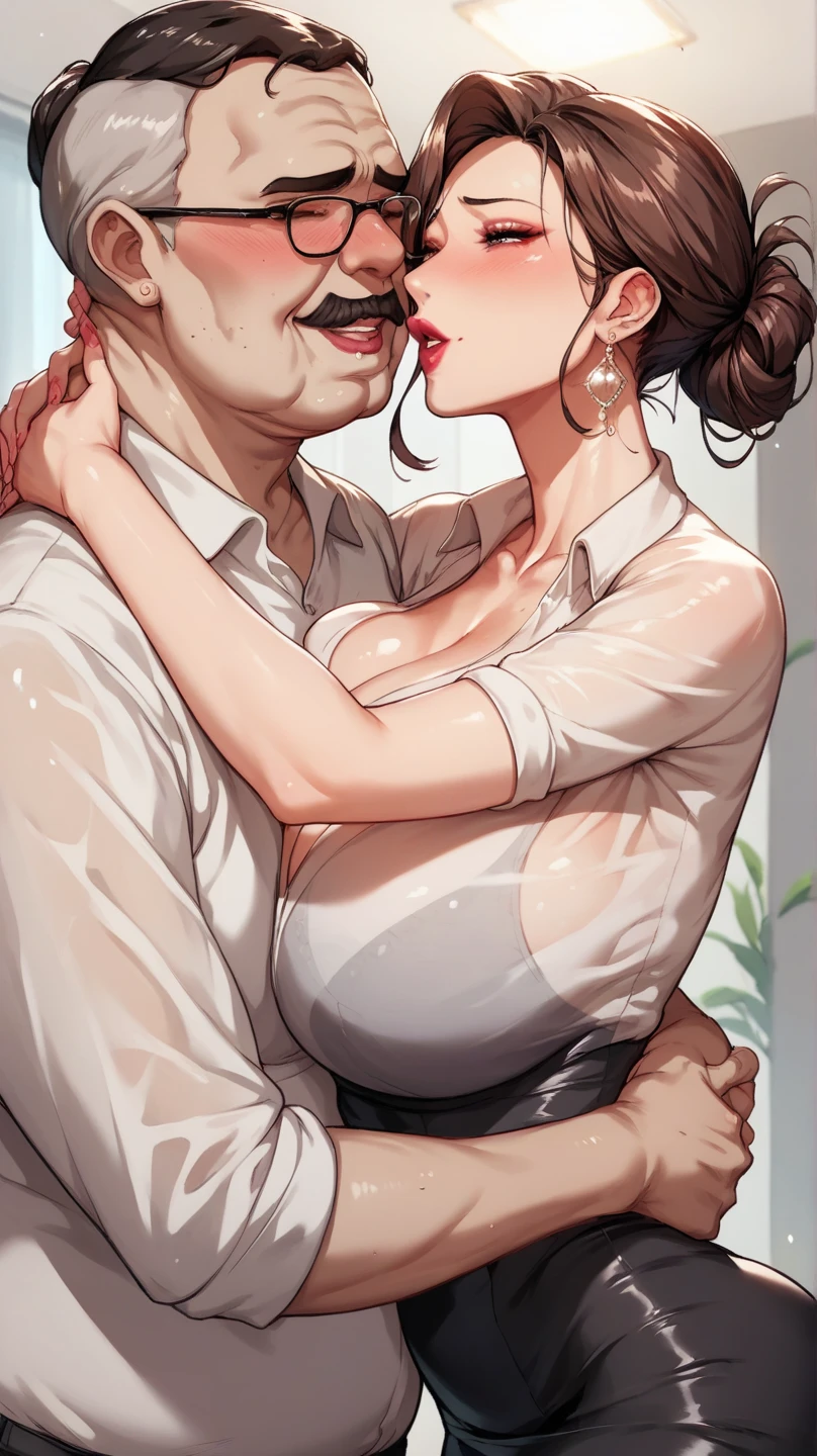 Cartoon picture of a woman in a red dress and a short little boy, Boy embraces woman，oppai, Oppein Proportions, the breasts are large, (sfv) safe to work, she has a jiggly fat round belly, ecchi anime style, giantess art, fantrome, ecchi style, full color manga visual style, Shoujo Manga