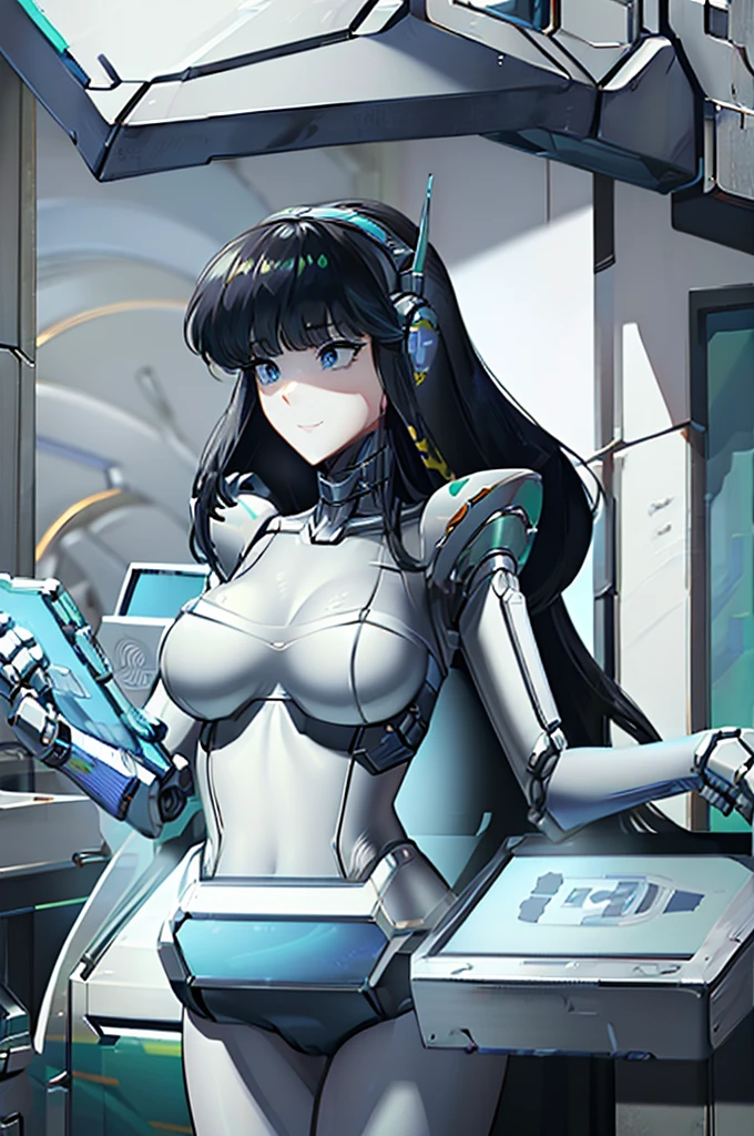masterpiece, Best Quality, Extremely detailed, 8K Portrait,Japanese android girl,Plump ,control panels,android,Droid,Mechanical Hand, ,Robot arms and legs, Black hair,Mechanical body,Blunt bangs,Charging spot,She is charging now, mechanical ear covers,android,robot humanoid,The laboratory of the future,android factory,mechanical ear cover,business suits,darkblack tights
