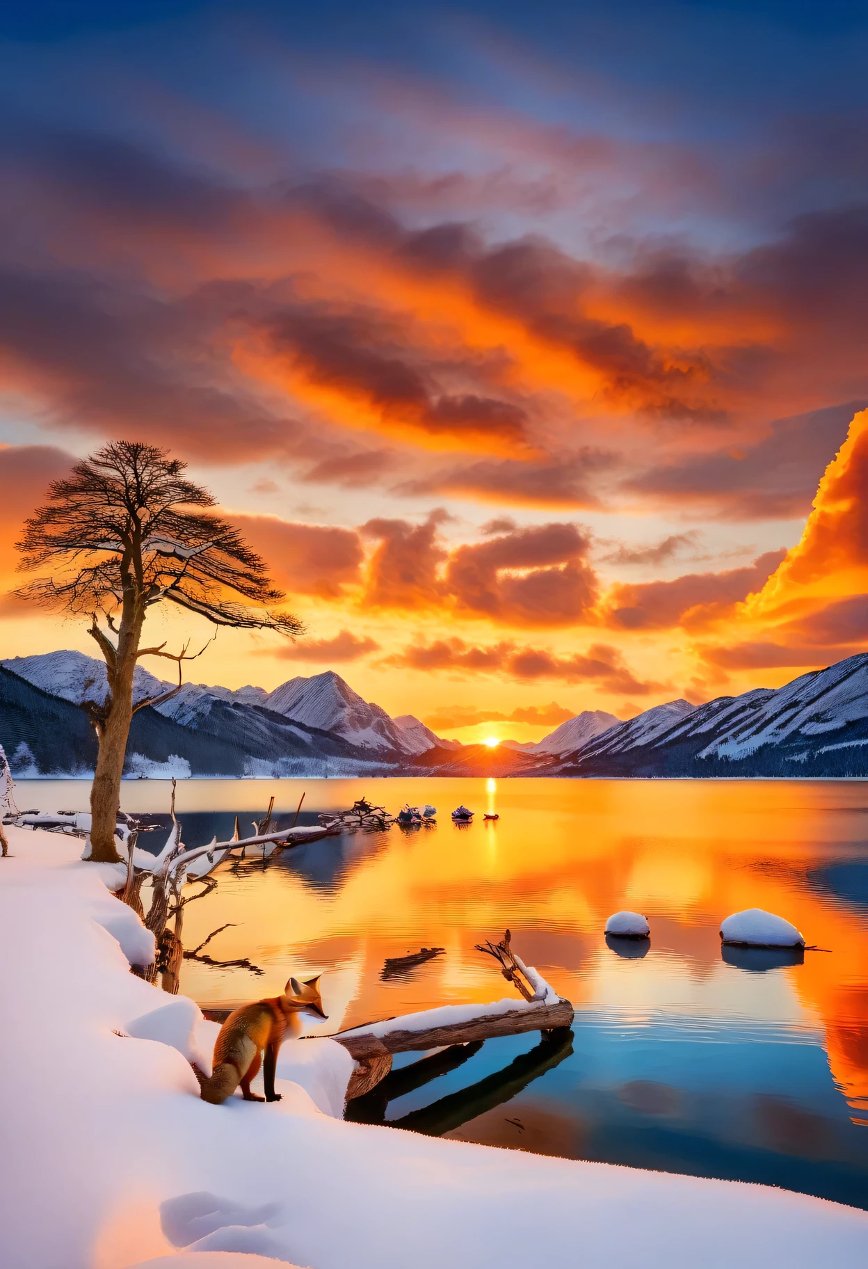 Tranquil Lake, spectacular view, winter landscape, fox, sunset, orange sky, masterpiece, best quality, ultra-high resolution