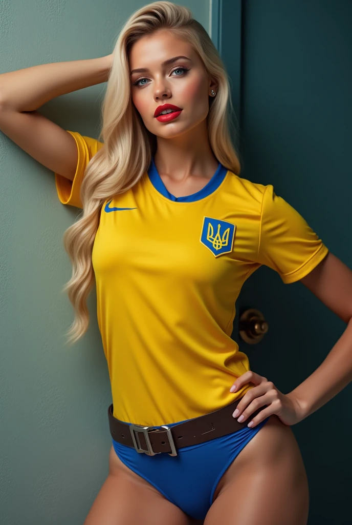a beautiful woman, extremely lifelike, wearing Brazilian uniform, Brazil t-shirt, short shorts, short azul, Light brown bun hair, big-ass, legs thick, Fitness, Caucasian skin, Light brown bun hair, Caucasian skin tempo frio