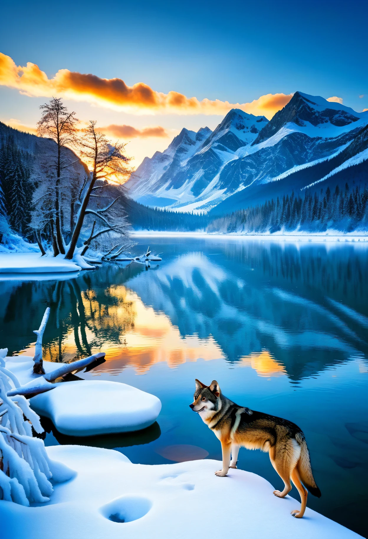 Tranquil Lake, frozen lake, wolves, spectacular, winter scenery, masterpiece, best quality, ultra-high resolution