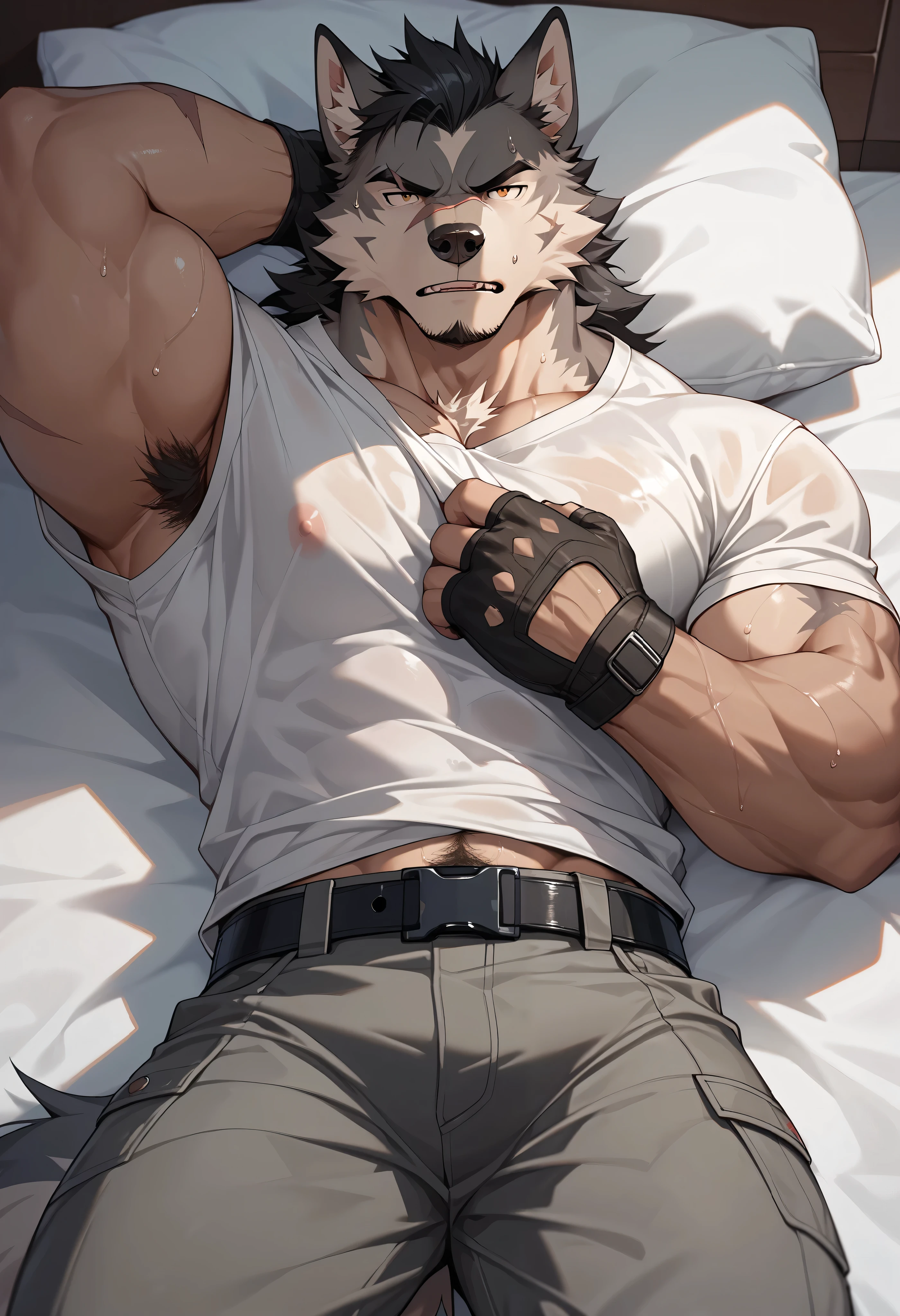 furry, furry male, male focus, tail, 1 boy (: 2.1), wolf, hairy wolf, man, muscular, Black hair, gray cargo pants, muscular adult male, smooth (: 1.5), serious gaze (: 1.6), sweaty, short black hair (:1.5), sweaty body, black fingerless gloves, short black hair, lying in bed，Scars on the body