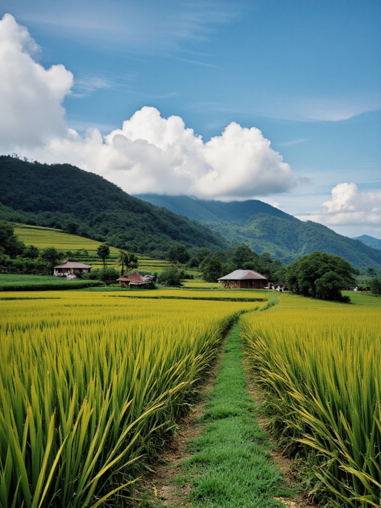 A serene rural landscape in Thailand featuring a vast paddy field with golden rice sheaves swaying gently in the breeze. The scene is set in a countryside area with traditional Thai wooden houses in the background. The sky is clear with a few fluffy clouds, and the foreground shows a small path winding through the rice field. The overall atmosphere is peaceful and idyllic, capturing the essence of rural life in Thailand.