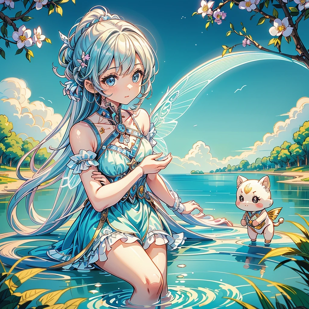 1girl, pretty face、、((( dynamic best composition 、 super detailed、 best quality、 greatest masterpiece、 high definition、 perfect anatomy )))、I'm sitting by the river and playing with fairies、Chibi、cute、