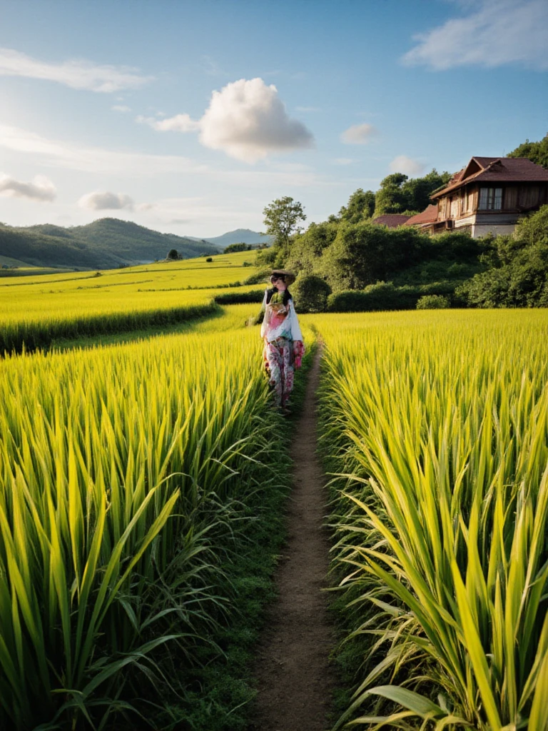 She is walking by the riverside A serene rural landscape in Thailand featuring a vast paddy field with golden rice sheaves swaying gently in the breeze. The scene is set in a countryside area with traditional Thai wooden houses in the background. The sky is clear with a few fluffy clouds, and the foreground shows a small path winding through the rice field. The overall atmosphere is peaceful and idyllic, capturing the essence of rural life in Thailand.