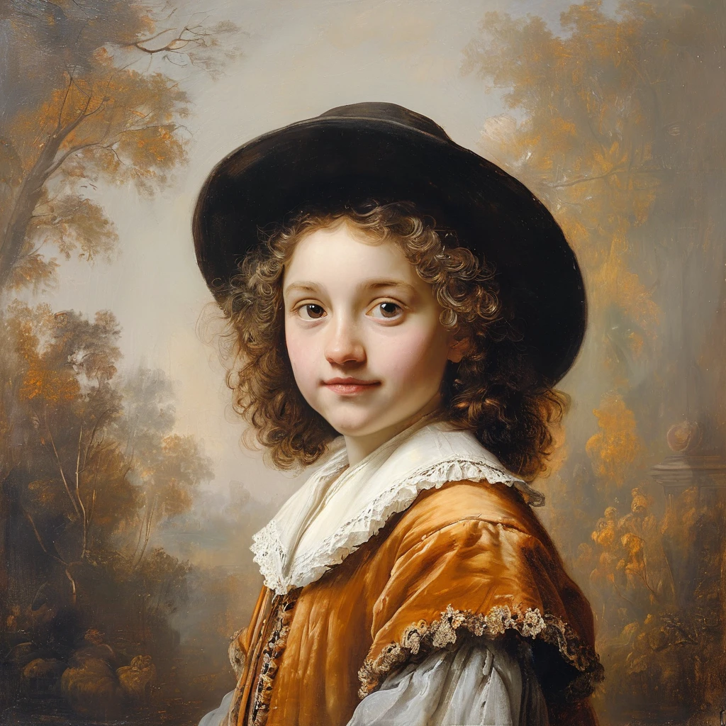 masterpiece,best quality,cute 1girl,illustration,style of Rembrandt,oil painting,