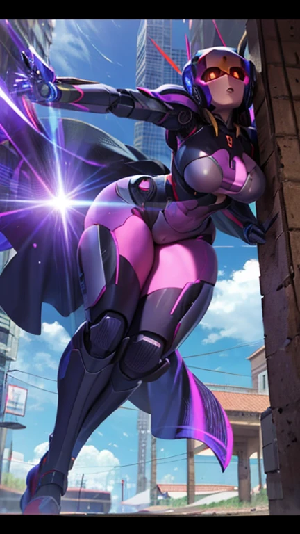 Giantess widowmaker, widowmaker suit, visors on head, big hips, athletic body, gts city, city buildings, smoke, clouds, evil, realistic lighting, high heels, from below, 3d, perfect eyes, looking at viewer