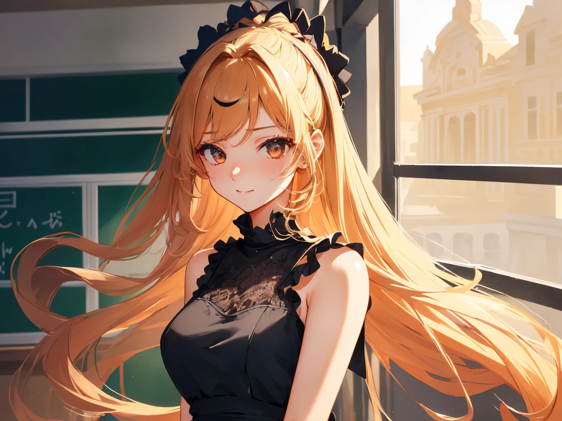 masterpiece, best quality, 1girl, very curly hair, blonde hair, shiny hair, tiara, diadem, medium breasts, glossy lips, good lighting, latifa fleuranza, black funeral dress, high neckline, own hands together, lips parted, city street, neon lights, night, crowd, standing,