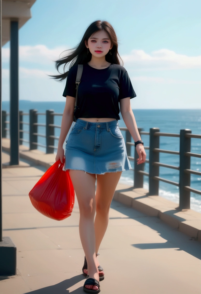 young woman, walking, carrying bag, crossbody bag, holding a big red plastic bag, railing, seashore, {forehead, black long straight hair}, {black short stretch sleeves crop t-shirt, light denim mini skirt, black sandals, black puff wristband}, BREAK, (1girl, solo, full body, looking at viewer, front view), (best quality,4k,8k,highres,masterpiece:1.2),ultra-detailed,cinematic lighting,moody lighting,dramatic shadows,vibrant colors, (expressive eyes, perfect face, perfect anatomy), brighter lighting