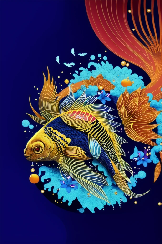 EDUCATE, Ukiyo-e Illustrations ,  National Style Illustrations,  Rich Pictures ,  is not human, , animal focus,  Pokemon \(biology\),  blue background, water, Wave,  simple background, gold, animal,  orange eyes,  black background, underwater, flower, whole body, bubble, from side, water泳, artist name, Alone, air bubble, carp, watermark,  closed mouth ,  watch viewers, Blue Flower,  colorful ,  colored sclera , ,  yellow eyes, 