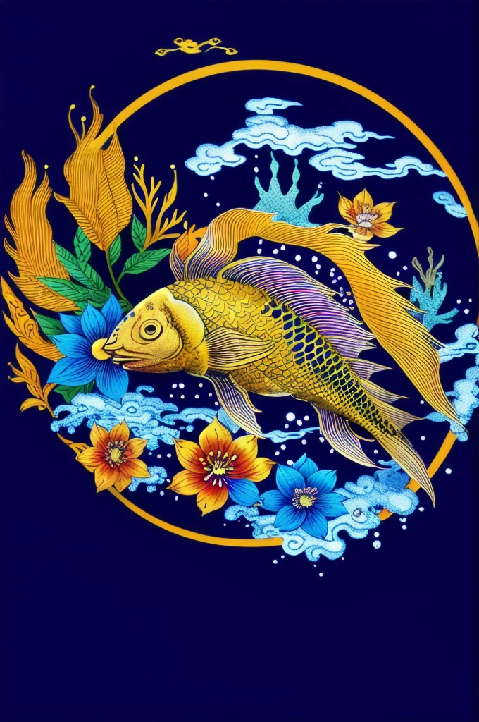 EDUCATE, Ukiyo-e Illustrations ,  National Style Illustrations,  Rich Pictures ,  is not human, , animal focus,  Pokemon \(biology\),  blue background, water, Wave,  simple background, gold, animal,  orange eyes,  black background, underwater, flower, whole body, bubble, from side, water泳, artist name, Alone, air bubble, carp, watermark,  closed mouth ,  watch viewers, Blue Flower,  colorful ,  colored sclera , ,  yellow eyes, 