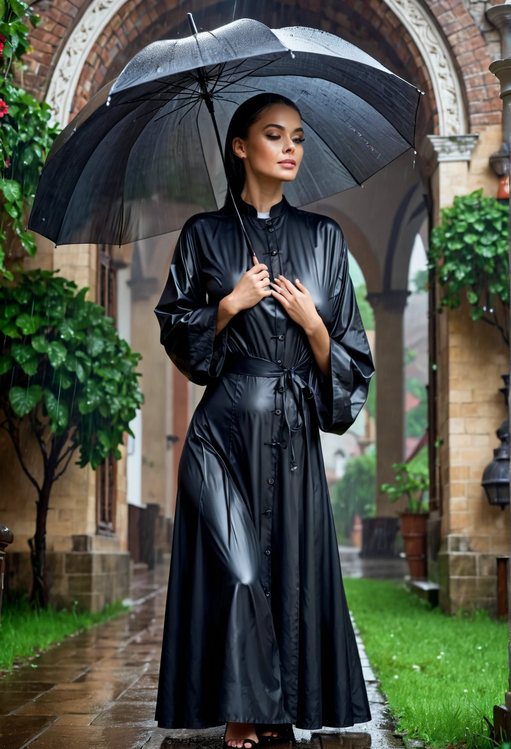 (((  balanced body  ))),  best quality, 4k wallpaper,, whole body, Sensual mature women in their 20s, Wears neat nun clothes　Old Church, I can see the rainbow after the rain　Beauty ,  Well-shaped breasts ,  embarrassed face,  sit and shut up,  , Looking Ahead, ((((outside )))) , Keep an umbrella handy,  
