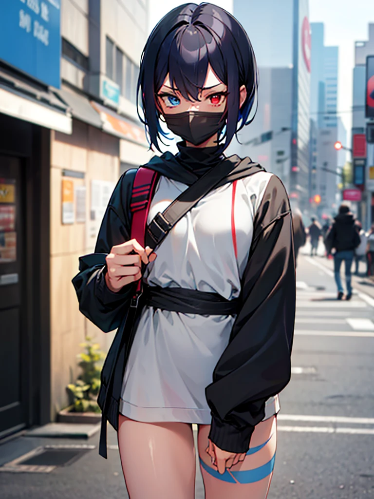 (​masterpiece, top-quality, hight resolution, Unity 8k, extremely details CG:1, Best Picture), Upper body, ((1girl, heterochromia, red eyes, blue eyestattoo, tattoo)), "A modern urban setting, a young woman wearing a simple outfit consisting of a hoodie, jeans, and casual sneakers. She is wearing a face mask and staring with a slightly intense, guarded expression, her eyes sharp as if trying to maintain a sense of control. The backdrop is a busy city street, with small shops and passersby blurred in the background. She carries only a small crossbody bag, implying minimal baggage. The mood is a mix of anticipation and tension, as this is her first meeting with someone she met online. Her posture is assertive, but her guarded demeanor contrasts with her striking beauty. The story suggests intimacy is implied after the meeting."