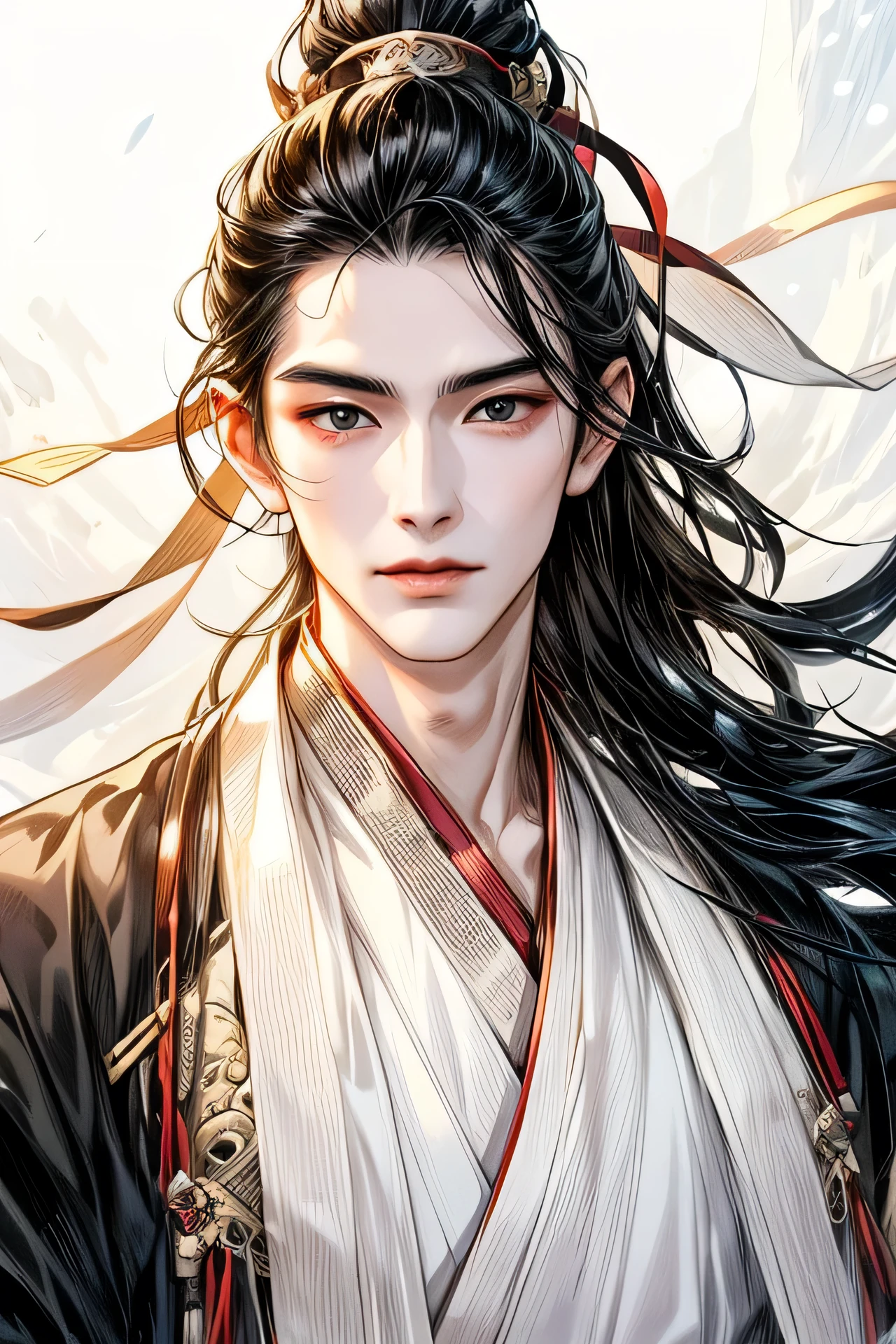   Ancient China   ,   Adult Male,  Age about 25 years old  ,  Handsome ,  Single ,Hanfu ,  Ancient China   Hairstyles,long hair,black hair,black eyes,Song Dynasty Costume,Snow White Clothing, romantic,    Original Concept Illustration  ,    Masterpiece Illustration   , white background