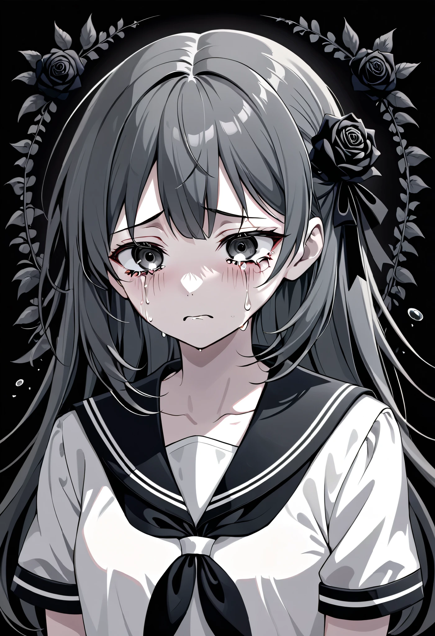 melancholic anime illustration featuring a crying girl with short, dark gothic,dark gray gothical ribbon tied on the side. Her teary dark eyes are expressive, white color,tears,capturing deep sadness. She is wearing school sailor, surrounded tranquil dark gothic. black rose background,The dark color palette and classical design artwork.