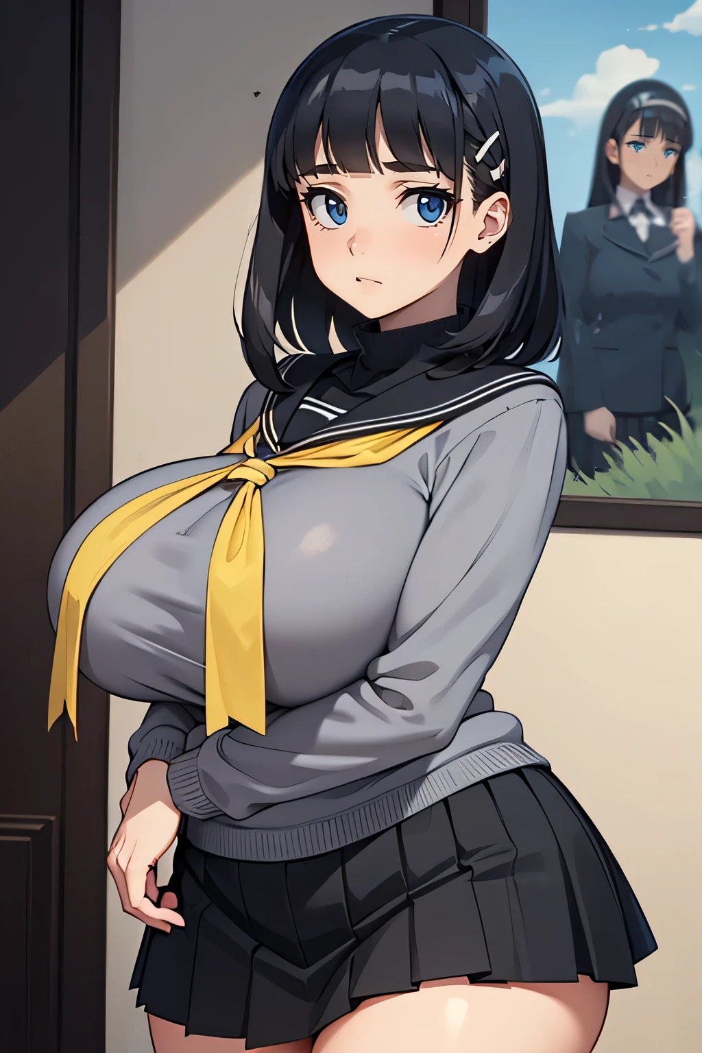 1 hot, dark hair, dark gray eyes, ssmile, marvelous, seu funeral, shorth hair, hair clip, gray sweater, black sailor collar, yellow scarf, Black Skirt, breasts big, thicc thighs