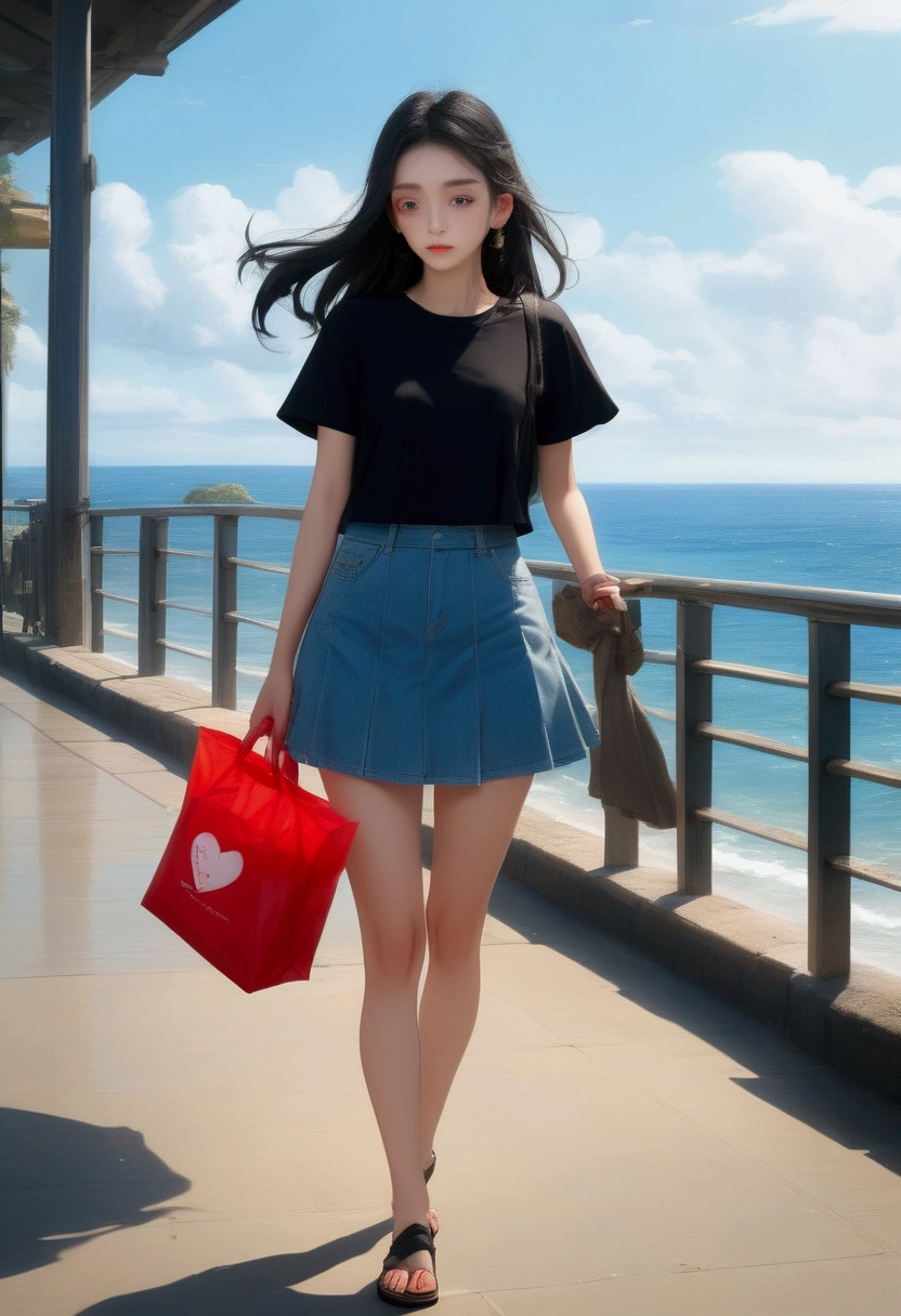 young woman, walking, carrying bag, crossbody bag, holding a big red plastic bag, railing, seashore, {forehead, black long straight hair}, {black short stretch sleeves crop t-shirt, light denim mini skirt, black sandals, black puff wristband}, BREAK, (1girl, solo, full body, looking at viewer, front view), (best quality,4k,8k,highres,masterpiece:1.2),ultra-detailed,cinematic lighting,moody lighting,dramatic shadows,vibrant colors, (expressive eyes, perfect face, perfect anatomy), brighter lighting