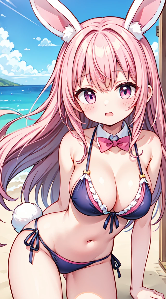 1girl, 1boy, perpendicularPaizuri, paizuri, , penis  between the breasts, breasts squeezed together, summer, sun rays, bracelet, Pokémon trainer sluts, , lass, micro bikini, motion lines, motion effects, ,  hiding, beach, beach, visor cap, manga text, effects, comedy, tsundere