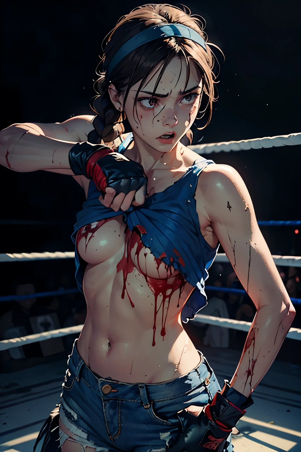 a male fighter is punching into female fighter's body so hard in the octagon ring. His fist is smashing into her body. a bloody beautiful young Japanese female fighter is being beated terribly by a male fighter.She is slammed against the fence. Blood is dripping from her nose. She is covered in scars and bruises. she is damaged terribry. Short-cut black hair, out of breath, drooling from mouth, crying, exhausted, drenched in sweat. Erect nipples. open finger glove.