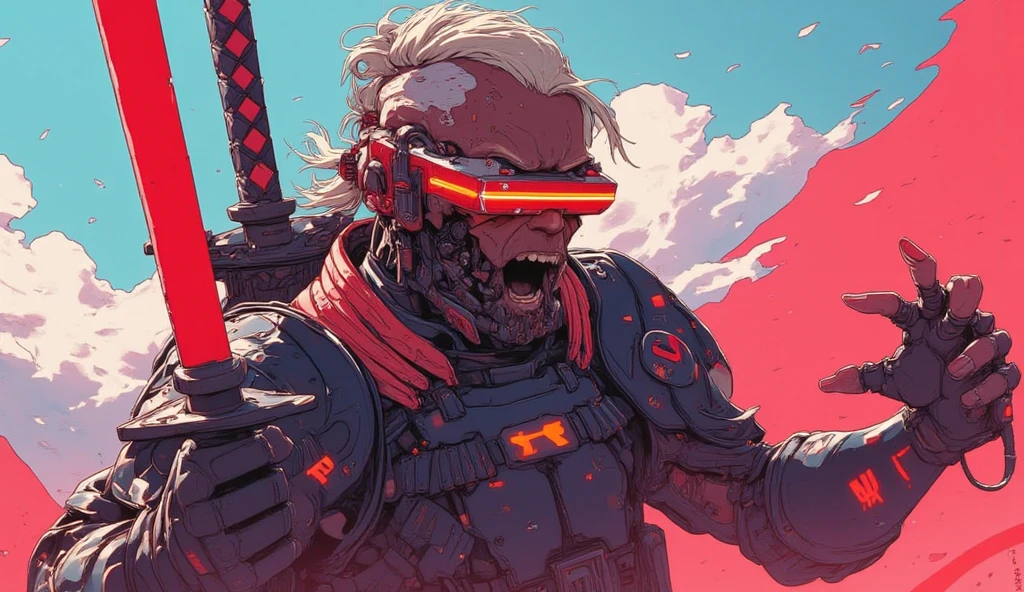 a masculine man with side shaved hair and wearing digital red glasses and cyberweres and armors, he fights in 3D motion perspective view, he is in rage and anger and shouts, he is in a spatial depth of field fighting stance holding a red cyber katana in her hand, the camera angle is slightly from bellow, 