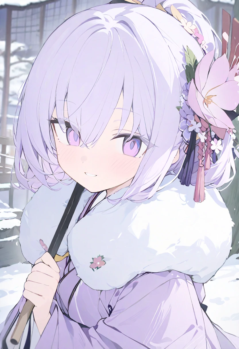 azusa_(blue_archive) commentary highres 1girl alternate_costume arrow_(projectile) blush flower fur_trim hair_between_eyes hair_flower hair_ornament holding holding_arrow japanese_clothes kimono long_hair looking_at_viewer no_halo pine_tree pink_eyes pink_kimono purple_kimono shrine smile snow solo tree white_hair smile masterpiece, best quality