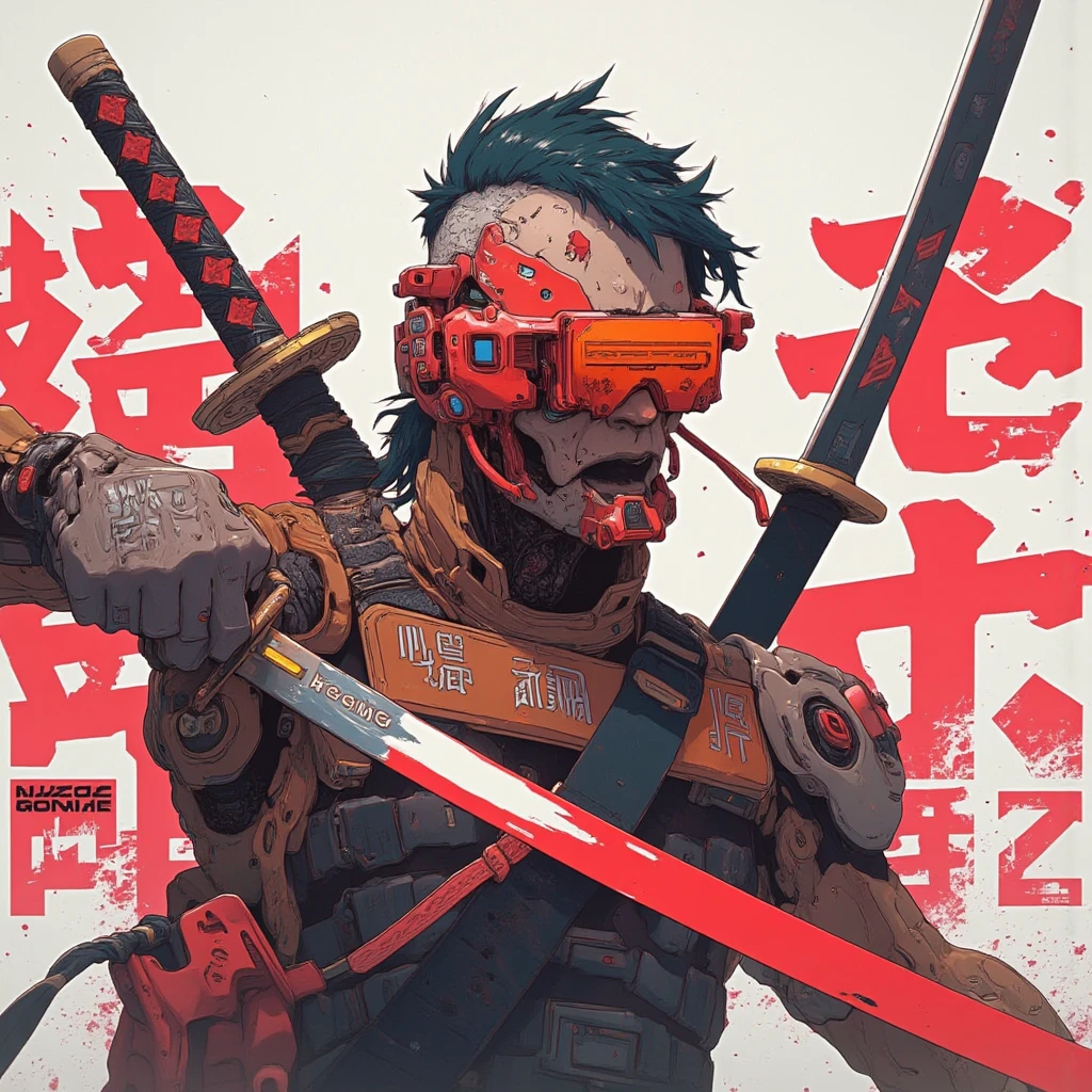 a masculine man with side shaved hair and wearing digital red glasses and cyberweres and armors, he fights in 3D motion perspective view, he is in rage and anger and shouts, he is in a spatial depth of field fighting stance holding a red cyber katana in her hand, the camera angle is slightly from bellow, 