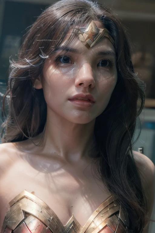 Movie clip , DC《Wonder Woman》close up, Distorted space, The twisted undead in the background,  lens flare , Optical axis,   intricate details  ,  highly detailed, Volumetric Lighting, 4K Rendering,  stock photos , Hyperrealism,  realistic texture,  dramatic lighting , unreal engine