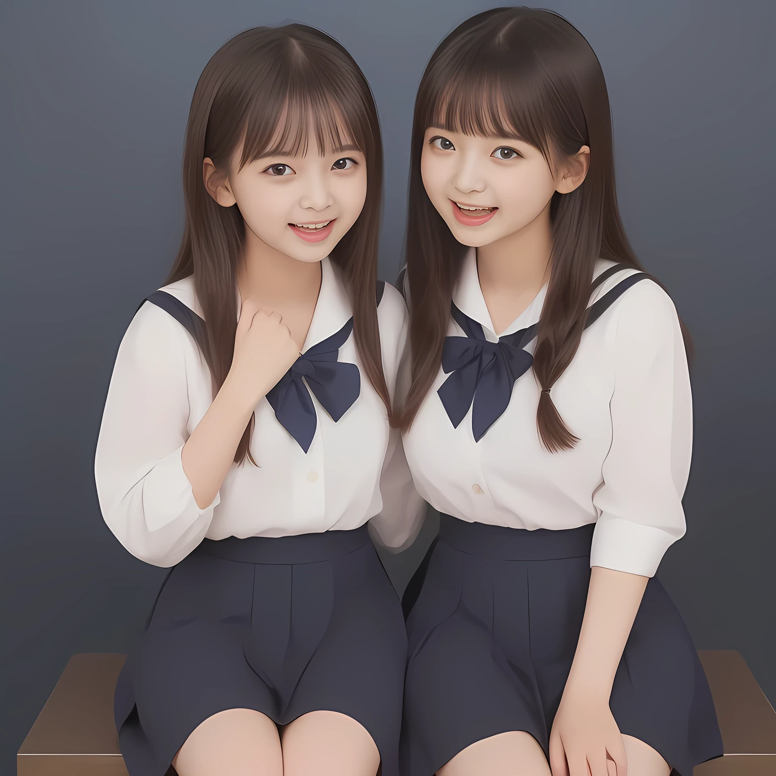 (Highest quality, masterpiece:1.2), Highest quality, High resolution, 1080P, 8k, (Two **** Japanese slender 清楚美少女アイドル are seated and give strong subliminal sexual invitation and temptation, undressing navy uniform, cute skirt with beautiful knees, looking at the viewer, can't stop showing cute smile open mouth because of feeling the viewer too ridiculous, very white-white face, very proud of her long straight black hair, using face-whitening cosmetics, **** 美少女's eyes, Small pupils, laughing giggling most open mouth, too expensive navy sailor-styled school uniform, well-straitened super-long well-trimmed long hair, evenly neatly trimmed girly cute bangs: 1.5), (Laughing blushed cheeks with dimples), (Well-balanced, impressive, very intelligent, double-eyelids, black shining large eyes of **** 美少女 with detailed: 1.5), ((Beautiful well-figured glossy opened laughing lips: 1.2)), (mature breast), (The viewer is forced to madly kiss her breast ribbon), (Very beautiful, super-glossy, cute neat black amazingly long hair, straight well-done long hair-style: 1.3), (plain blue background: 1.6), (((Completely balanced beautiful big cool eyes: 1.3))), (eyes, face and hair are especially beautifully detailed and beautifully drawn: 1.5), (She makes the viewer drink her love ribbon: 1.2), (the viewer become crazy and can't stop bursting and running every liquid to 清楚美少女, 美少女 is surprised : 1.7), (School uniform, too-cute slender 13歳 super-long-hair Japanese 美少女 idol twins are laughing at me and unties the breast button and make the viewer drink it: 2.0), (Super long hair super-beautiful 美少女 super-cute face navy-sailor-suit school-uniform pretty slender 美少女 of 美少女 photo magazine in the 1990s: 2.0), (Inevitable subliminal invitation and temptation force the viewer fall into eternal deep deep unreal pleasure of 清楚美少女の坩堝: 2.0)