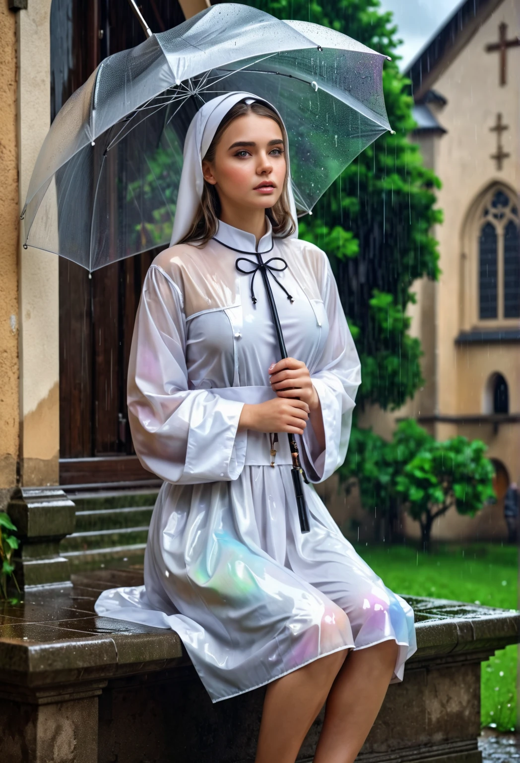 (((  balanced body  ))),  best quality, 4k wallpaper,, whole body, Sensual teenage woman ,  wearing neat nun clothes　Old Church, I can see the rainbow after the rain　Beauty ,  Well-shaped breasts ,  embarrassed face,  sit and shut up,  , Looking Ahead, ((((outside )))) , Keep an umbrella handy,  
