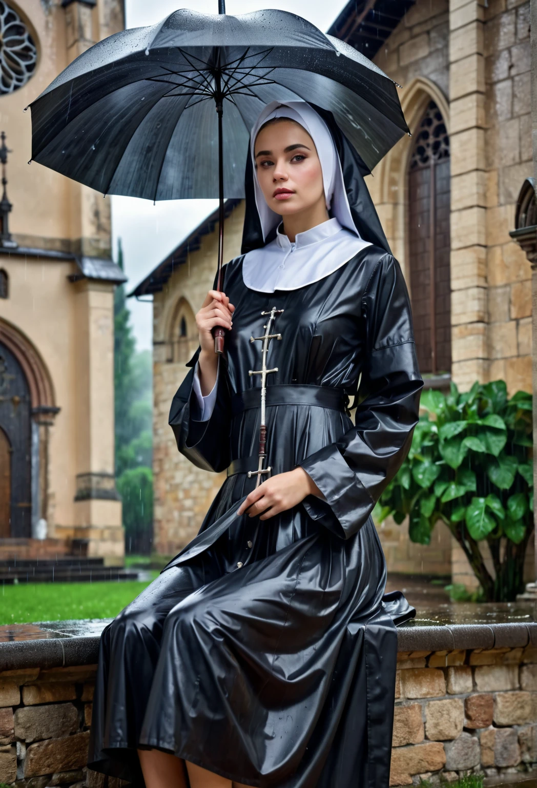 (((  balanced body  ))),  best quality, 4k wallpaper,, whole body, Sensual teenage woman ,  wearing neat nun clothes　Old Church, I can see the rainbow after the rain　Beauty ,  Well-shaped breasts ,  embarrassed face,  sit and shut up,  , Looking Ahead, ((((outside )))) , Keep an umbrella handy,  
