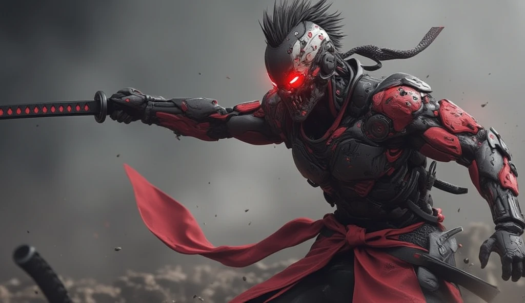 a masculine man with side shaved hair and wearing digital red glasses and cyberweres and armors, he fights in 3D motion perspective view, he is in rage and anger and shouts, he is in a spatial depth of field fighting stance holding a red cyber katana in her hand, the camera angle is slightly from bellow, 