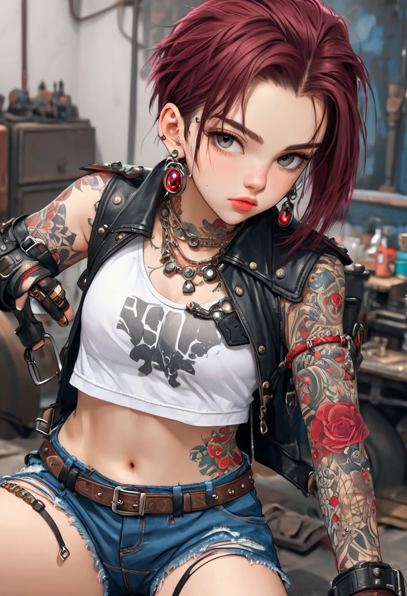   Beautiful girl , slim fit body ,   short punk style black hair , crop top , tattooed body ,