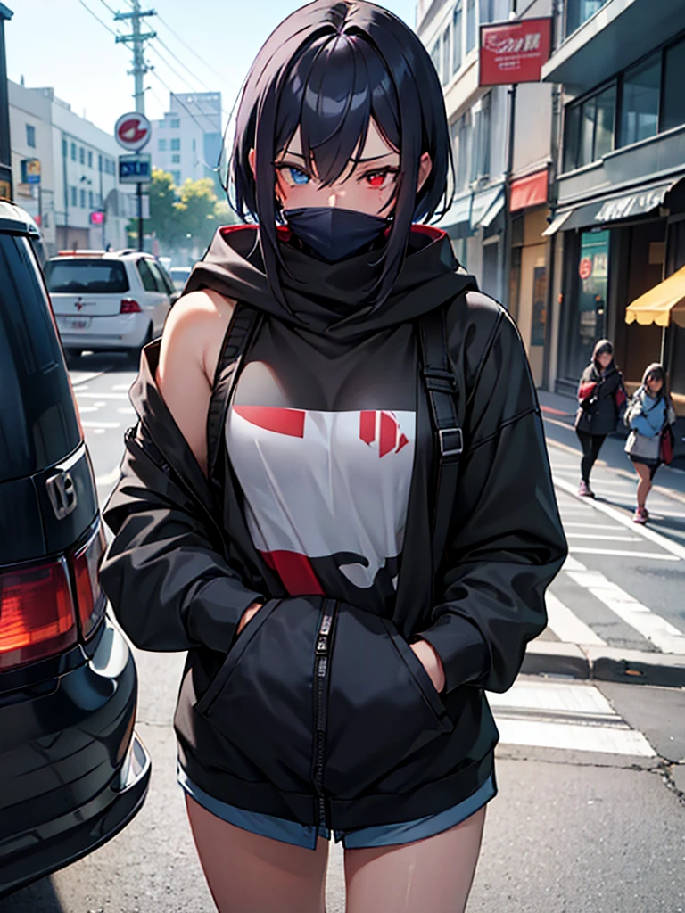 (​masterpiece, top-quality, hight resolution, Unity 8k, extremely details CG:1, Best Picture), Upper body, ((1girl, heterochromia, red eyes, blue eyestattoo, tattoo)), "A modern urban setting, a young woman wearing a simple outfit consisting of a hoodie, jeans, and casual sneakers. She is wearing a face mask and staring with a slightly intense, guarded expression, her eyes sharp as if trying to maintain a sense of control. The backdrop is a busy city street, with small shops and passersby blurred in the background. She carries only a small crossbody bag, implying minimal baggage. The mood is a mix of anticipation and tension, as this is her first meeting with someone she met online. Her posture is assertive, but her guarded demeanor contrasts with her striking beauty. The story suggests intimacy is implied after the meeting."