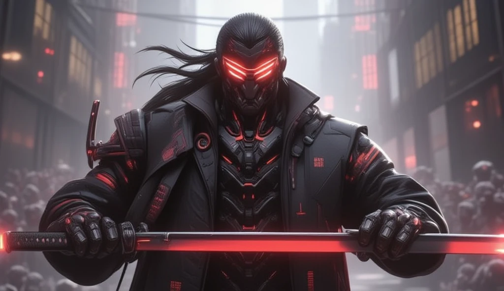 a masculine man with side shaved hair and wearing digital red glasses and cyberweres and armors, he fights in 3D motion perspective view, he is in rage and anger and shouts, he is in a spatial depth of field fighting stance holding a red cyber katana in her hand, the camera angle is slightly from bellow, 