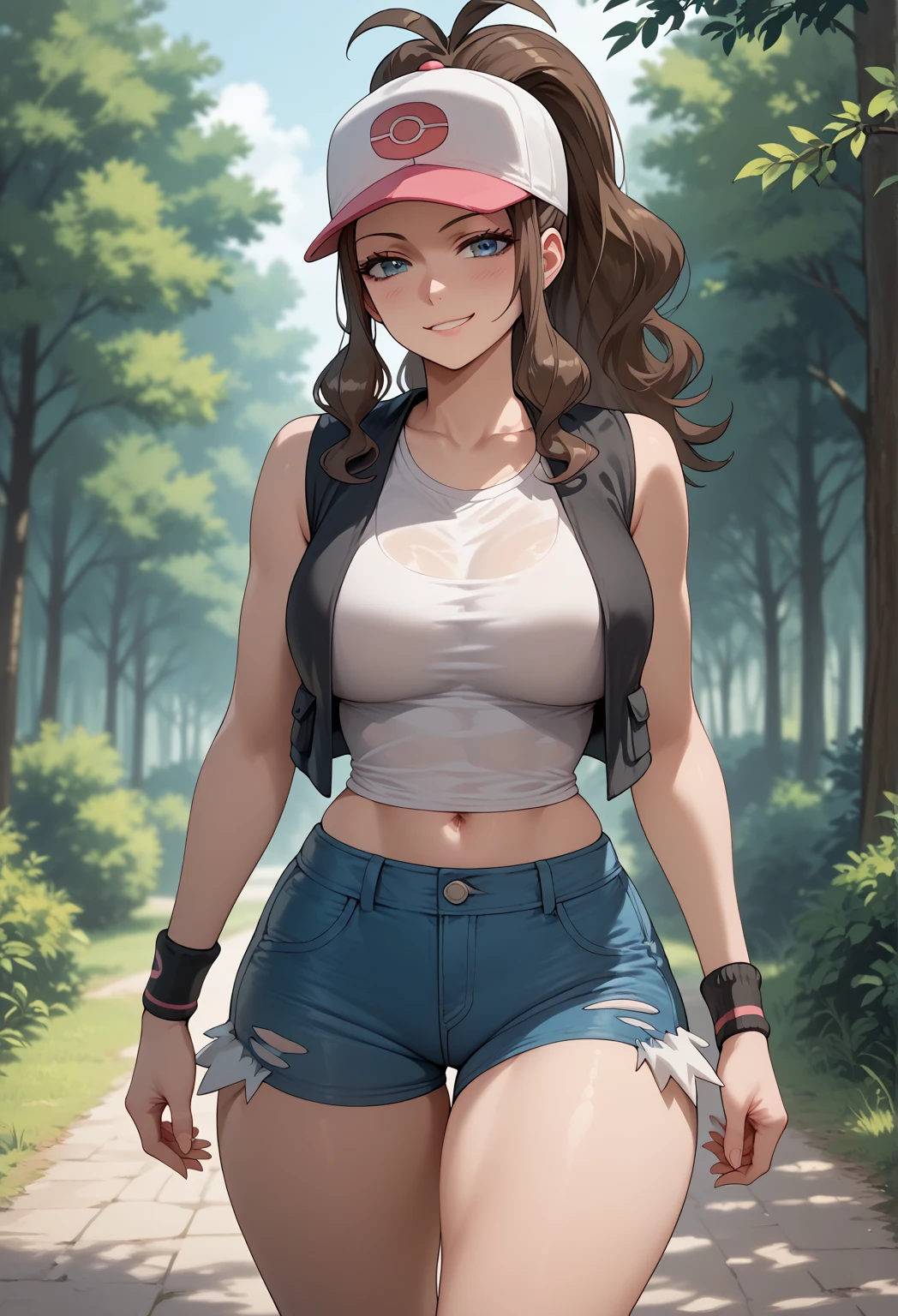 1girl, large breasts, large hips, small waist, large thighs, smug, pokemonhilda, blue eyes, brown hair, long hair, ponytail, baseball cap, blue shorts, denim, hat, shorts, vest, wristband, sleeveless, black vest, white shirt, shirt, outdoors, forest, walking, lowleg shorts