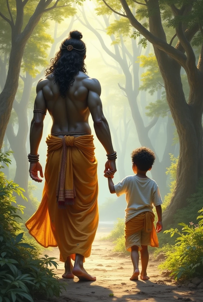 Lord krishna walking with a teenager holding his hand 