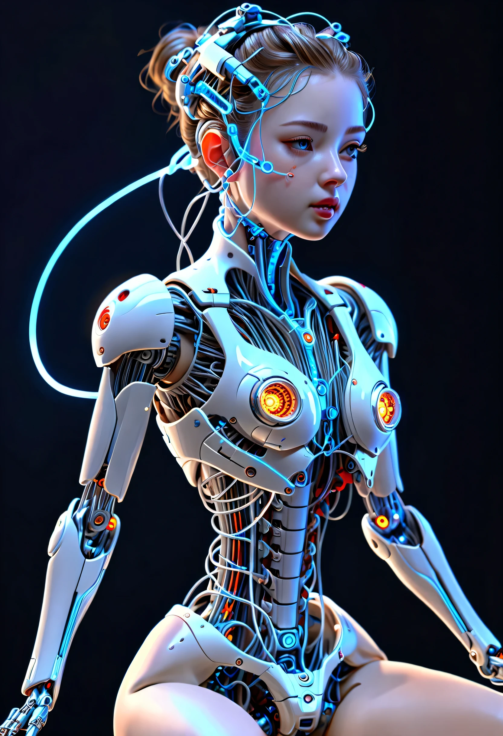 (((masterpiece))), (((Highest quality))), ((Very detailed)), (Highly detailed CG illustrations), ((Very delicate and beautiful)),(Cute delicate face),Cinematic Light,((1. Machine Girl)),alone,whole body,(Machine made joints:1.4),((Mechanical limbs)),(Blood vessels connected to tubes),((Mechanical vertebrae attached to the back)),((Cervical vertebrae mechanically attached to the neck)),((Sitting)),Expressionless,(Wires and cables connecting the head and body:1.5),(Character Focus),sf