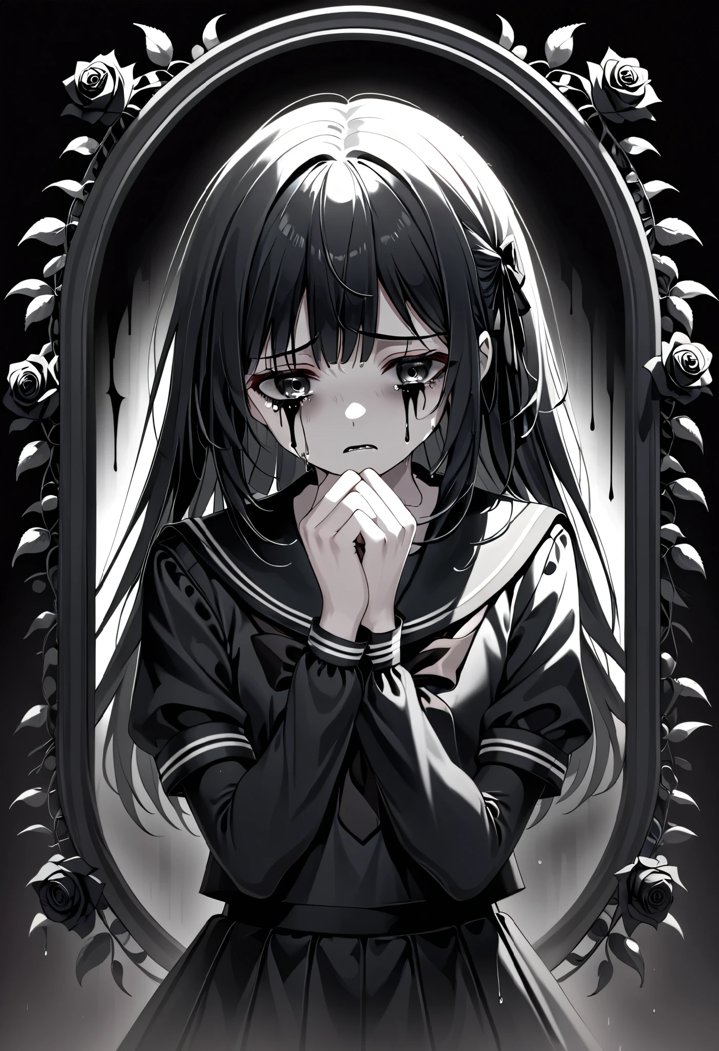 melancholic anime illustration featuring a crying girl with short, dark gothic,dark gray gothical ribbon tied on the side. Her dark eyes are expressive, teary white color,tears,capturing deep sadness. She is wearing school sailor, surrounded tranquil dark gothic. black rose background,The dark color palette and classical design artwork.