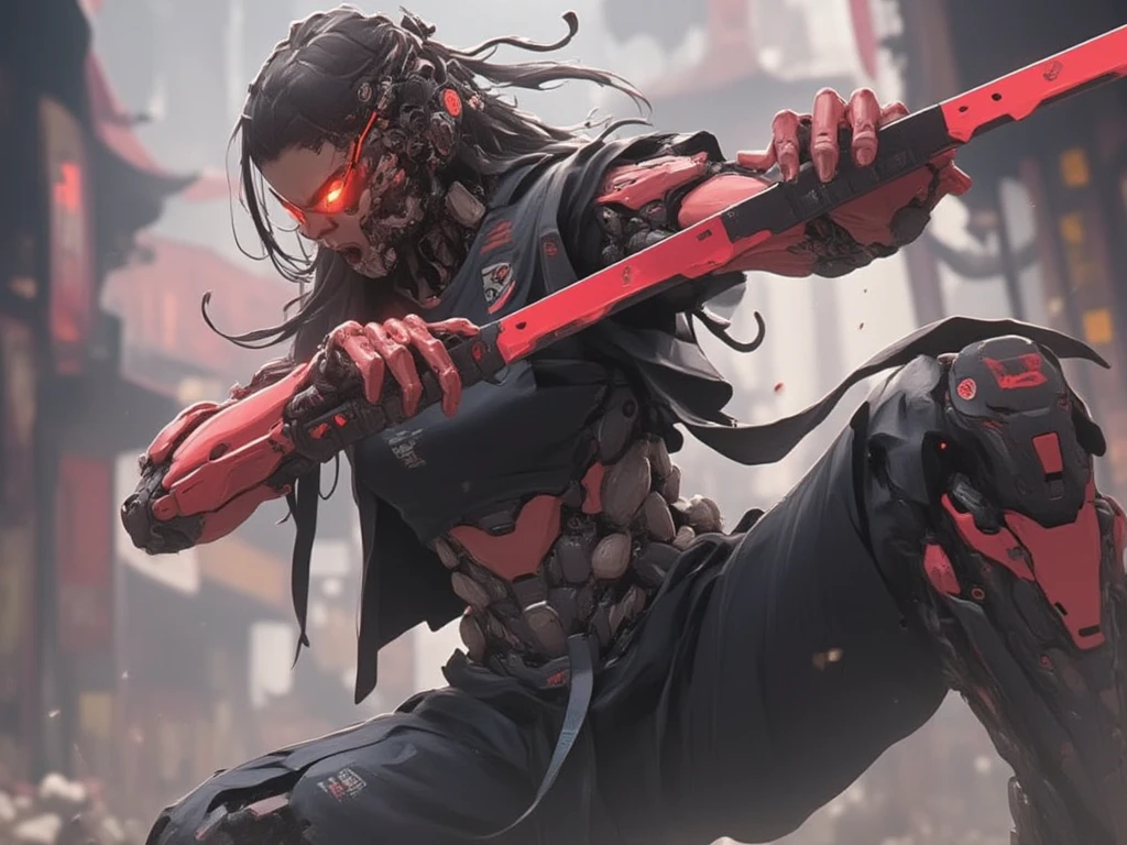 a woman with long hair and wearing digital red glasses and black croped top kimono with cyberweres and armors, she fights in 3D motion perspective view, she is in rage and anger and shouts, she is in a spatial depth of field fighting stance holding a red cyber katana in her hand, the camera angle is slightly from bellow, 