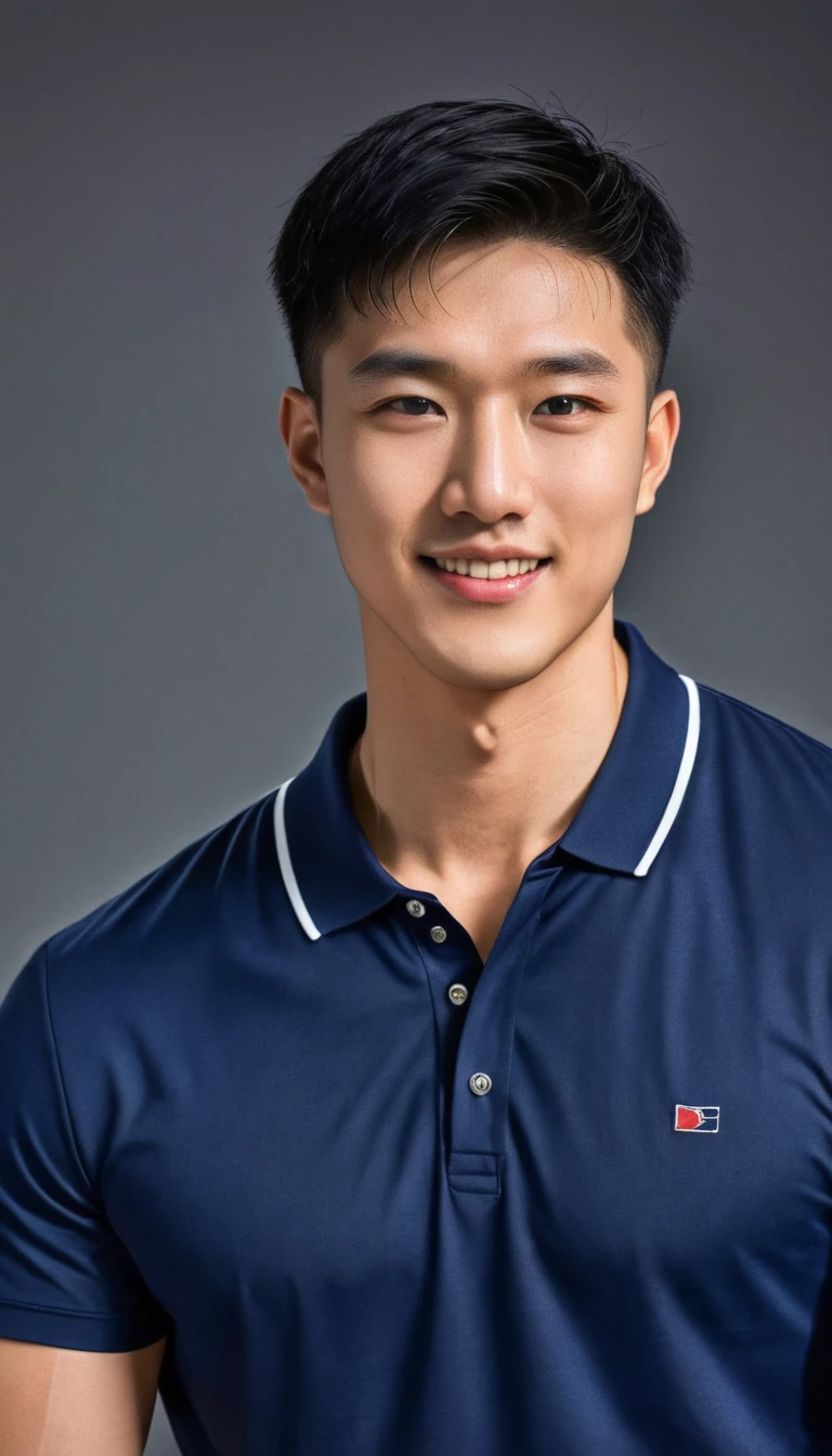 1boy, orimale ,Orimura, black_eyes, black_hair, male_focus, realistic ,  bright eyes  ,Smiling with white teeth, pretty neat, Buzz Cut Drop Fade , Handsome Chinese Man with a Little Mustache , is muscular ,blood vessel,Broad shoulders,  is wearing a navy polo shirt with short sleeves without a logo and jeans, a backpack.