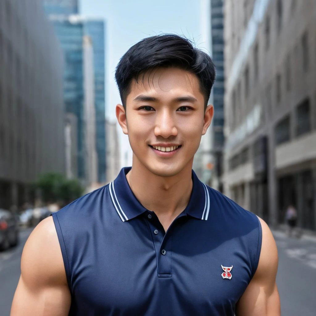 1boy, orimale ,Orimura, black_eyes, black_hair, male_focus, realistic ,  bright eyes  ,Smiling with white teeth, pretty neat, Buzz Cut Drop Fade , Handsome Chinese Man with a Little Mustache , is muscular ,blood vessel,Broad shoulders,  is wearing a navy polo shirt with short sleeves without a logo and jeans, a backpack.