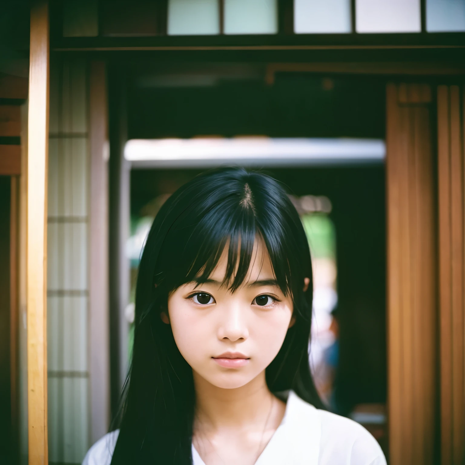 pre-adolescent girl, japanese, short black hair, green eyes, posing for a close up photo in her house with white walls