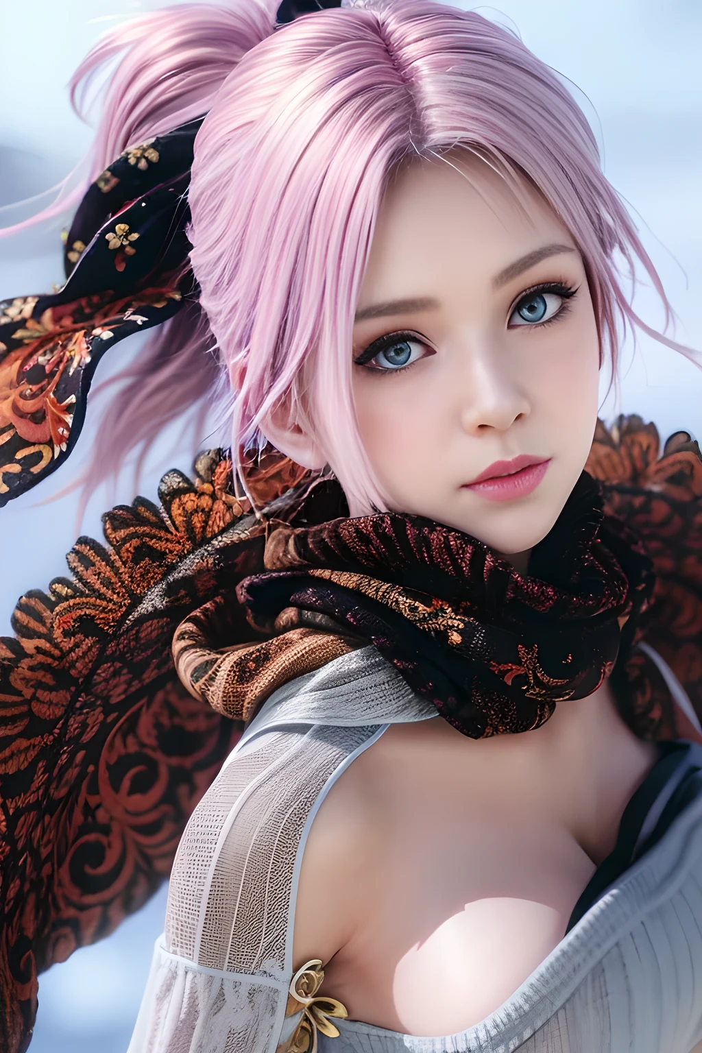 Realistic, Hyper Detail, Girls Only, Layered Bob, Dynamic Lighting, ((Bold imaginative pose)), (Glossy skin: 1.5), Masterpiece, Top Quality, Absurdity, Watching Viewer, (Blonde and Pink Hair), deep Purple Clear Eyes,((Beautiful, detailed eyes, jewel-like eyes, colorful eyes, sparkling eyes:1.3)), Slender, High Resolution, Sharp Focus, Depth of Field, Detail Eyes, Sharp Eyes, (Realistic Eyes)), outdoors, sunrise sky, (attractive delicate design river trimmed lace dress, (intricately patterned heliotrope sexy armor wearing): 1.3))